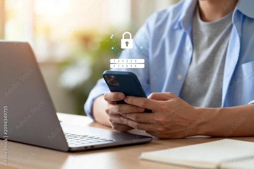 Fototapeta premium Person using smartphone with digital security icon