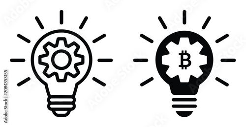 Foto イノベーション、暗号資産技術、および創造的な金融ソリューションを表す、ギアとビットコインのシンボルを特徴とする2つの電球