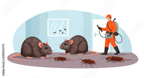 Vector illustration of professional pest control worker in orange uniform using spray equipment to exterminate large brown rats and cockroaches inside a building room interior.