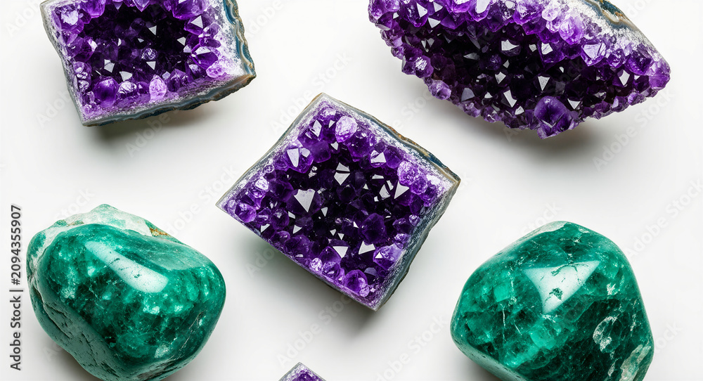 Fototapeta premium Amethyst geodes and green emerald crystals arranged on white background. Top view of precious minerals and quartz druzy clusters. Healing stone concept ideal for holistic wellness marketing.