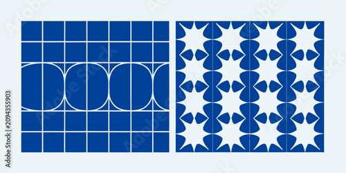 Tableau sur toile Geometric floral pattern and grid arrangement blue and white color scheme
