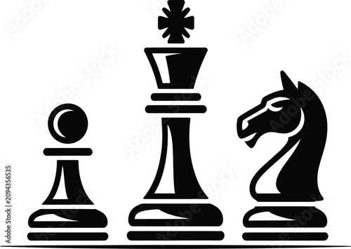 Vector Illustration Featuring Black Silhouette Chess Piece Icons Pawn King Knight Side by Side Representing Strategy Hierarchy and Tactics