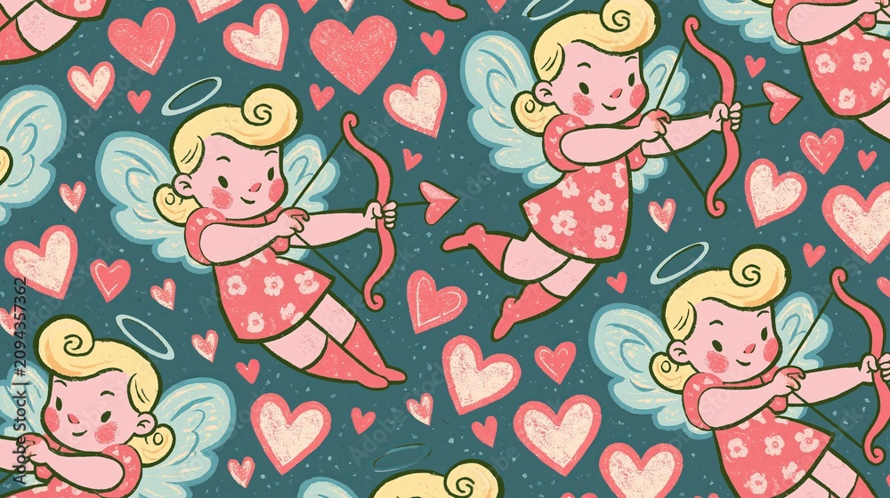 Obraz premium Cupid angels in a retro cartoon style create a fun, cute, and repeatable pattern for Valentine's Day designs.