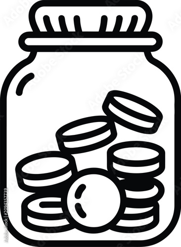 Vector Illustration Featuring Black Silhouette Jar Icon Filled with Coins and Ridged Lid Representing Savings Wealth and Financial Planning