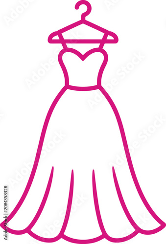 Vector Illustration Featuring Black Silhouette Elegant Long Dress Icon with Sweetheart Neckline Flared Skirt Hanging on Hanger