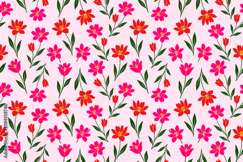 Seamless floral pattern with vibrant pink and red blossoms, fresh green leaves, and a soft pastel background. Perfect for fabric, wallpaper, wrapping, and decor.