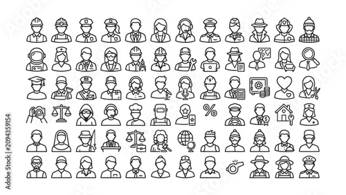 Quadro em tela Line icons of various occupations and professions with people wearing different