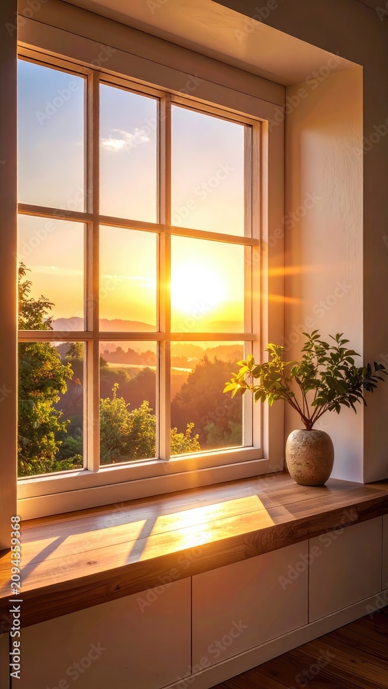 Fototapeta premium Warm sunset beams stream through a window onto a plant-adorned windowsill.