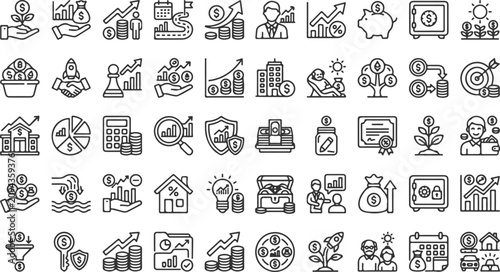 Set of hand drawn business and finance icons showing money growth investment and banking