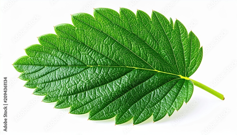 Fototapeta premium Strawberry leaf isolated: A single fresh green strawberry leaf showing detailed jagged margins, isolated on a pure white background.