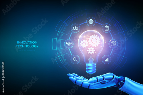 Innovation technology concept. Robotic hand holding glowing light bulb with gears. Idea generation, creative thinking, automation, smart solutions, business innovation, AI. Vector illustration.
