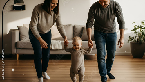 Joyful Parents Help Baby Take First Steps At Home