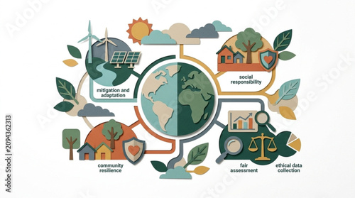 environmental sustainability concept with renewable energy wind turbines solar panels earth globes and eco friendly symbols in an informative illustration