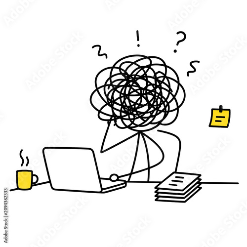 A child's sketch depicting stress, burnout, and mental confusion while working