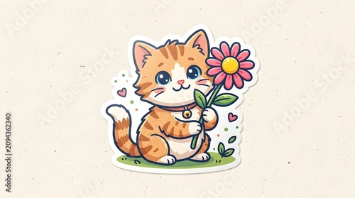 Charming Ginger Kitten Sticker Holding Bright Pink Flower Smiling Sweetly Cute Cartoon Animal Illustration