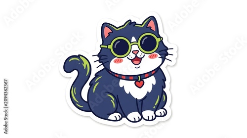 Adorable Cartoon Cat Wearing Green Sunglasses Happy Feline Sticker Illustration Isolated