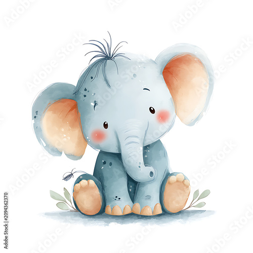 Cute cartoon baby elephant with oversized ears and a joyful smile, isolated on a white background, perfect for nursery decor, baby shower invitations, and children's designs.