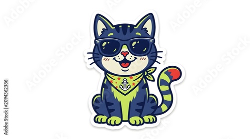 Stylish Cartoon Cat Wearing Sunglasses and Anchor Bandana Fun Sticker Art Vector Illustration