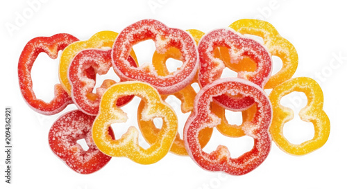 Mix of colorful sliced bell peppers covered in frost isolated on a transparent background.