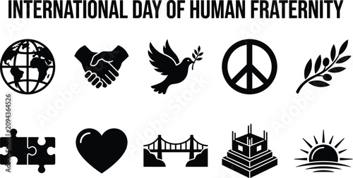 International day of human fraternity icons set with peace symbols and unity elements