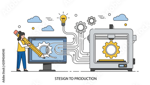Creative Engineering Concept featuring woman designing on monitor connected to 3D printer manufacturing gear, ideal for industrial design blogs and tech startup presentations.