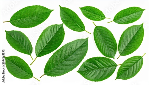 Cherry leaves isolated: A natural studio layout of a collection of fresh green cherry leaves, isolated on white.