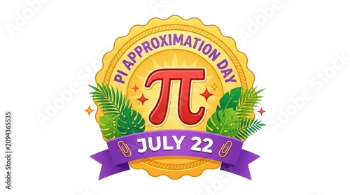 Happy Pi Approximation Day ribbon emblem stamp design featuring tropical summer leaves decoration isolated on white background