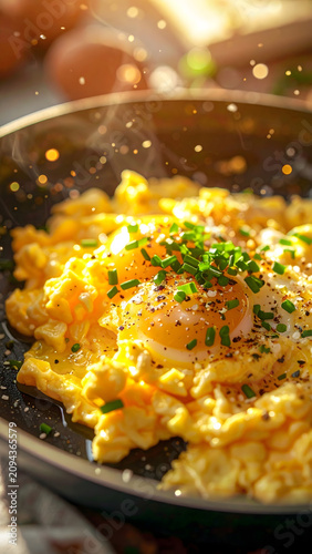 Scrambled eggs with chives and black pepper in a pan isolated on a transparent background