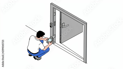 technician installing glass door with lock in modern office setting with safety equipment and clean environment