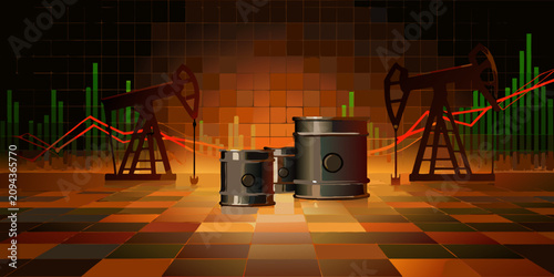 Foto Oil Barrels And Pumpjacks With Rising Stock Chart Vector Illustration