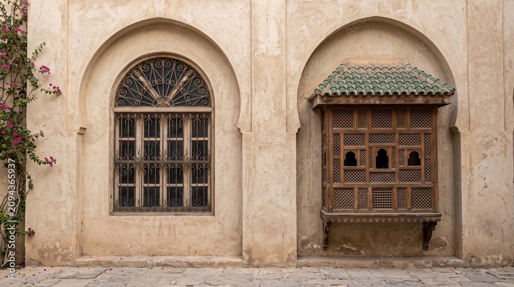 Obraz premium Historic building with ornate balcony and arched details.