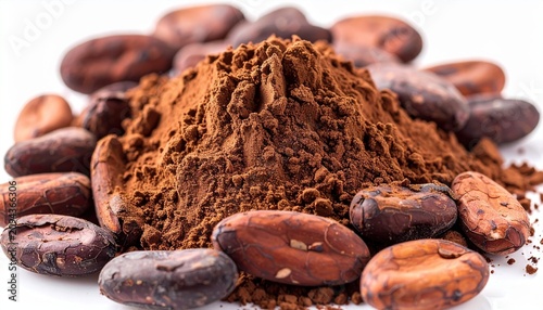 A detailed macro photograph focusing purely on raw organic cocoa beans clustered neatly around a raw cocoa powder pile, isolated on a white background.