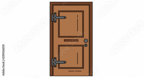A simple brown wooden door with two panels, a mail slot, and hardware