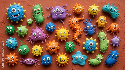 Colorful microorganisms with exaggerated features are arranged on a surface