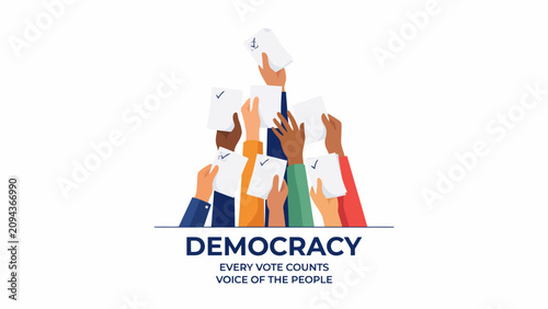 Diverse hands holding up voting papers for democracy every vote counts voice of people