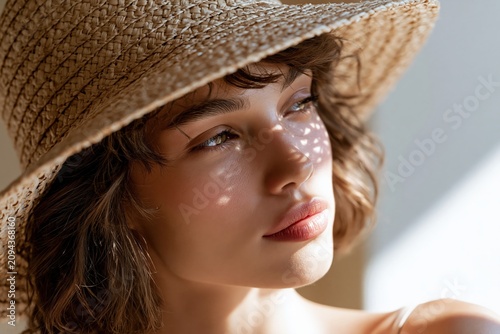 Young woman with sun hat enjoying soft summer light fresh dew