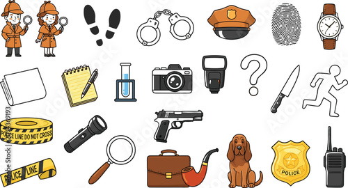 Cuadro en lienzo Detective and crime scene investigation elements collection featuring inspectors