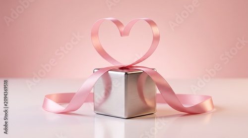 Romantic silver gift box with pink ribbon heart.