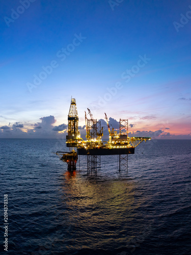 Aerial panoramic view of offshore jack up rig and offshore platform