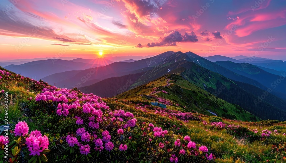 Obraz premium Vibrant sunset over a mountain range carpeted with pink rhododendron flowers.
