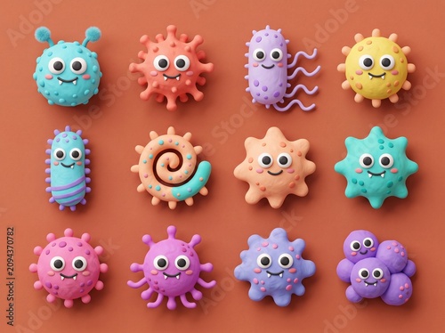 Illustration of fantasy microbe family with smiling faces on orange background
