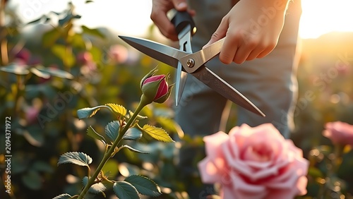 Gardener's shears cutting an overgrown rose stem in morning light.