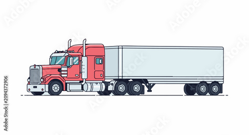 A stylized red semi-truck with a white trailer is depicted in profile