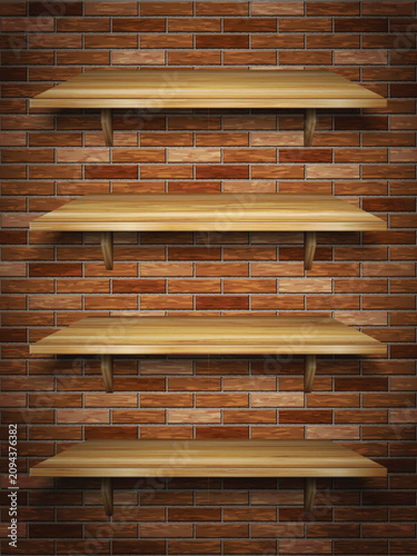 Wooden shelves on brick wall