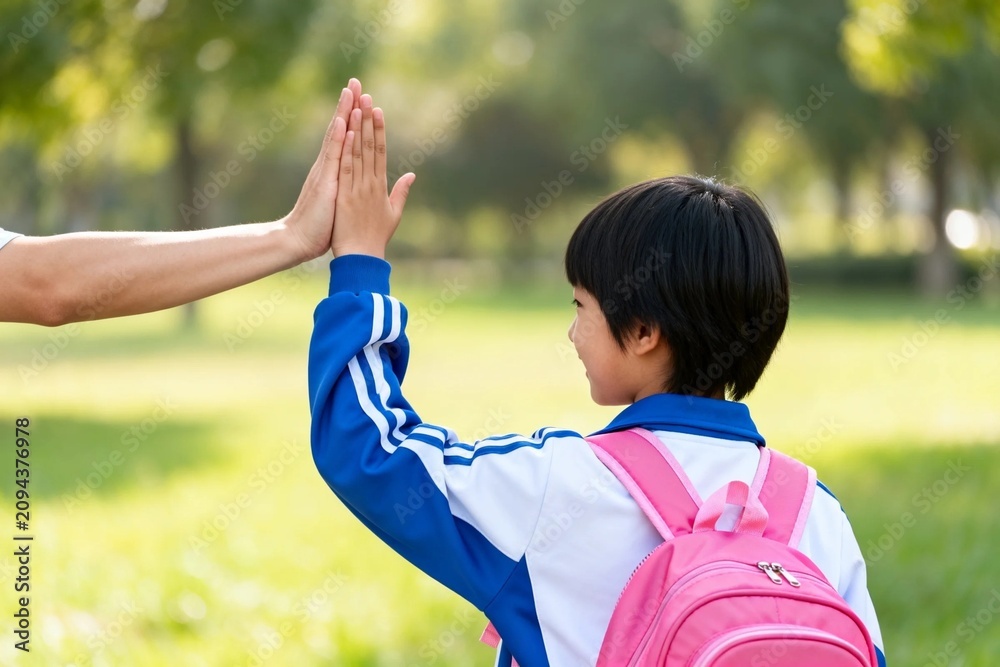 Naklejka premium Child High Five in Park with Backpack
