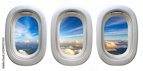 view from airplane window isolated on white background 