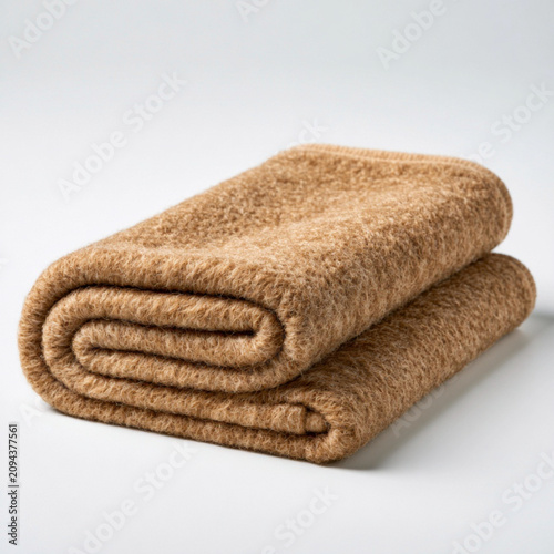 Single folded brown wool blanket texture detail on white background