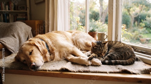 Golden retriever dog, tabby cat, sleeping together, cozy home interior, pets relaxing