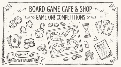 Board Game Cafe Shop Hand Drawn Doodle Banner Tabletop Gaming