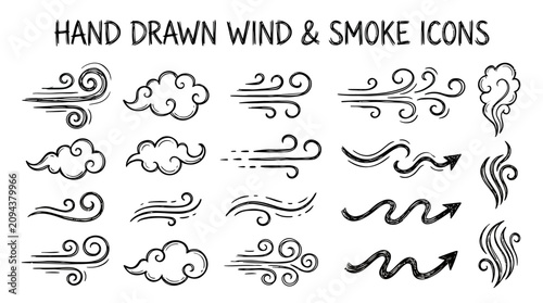 Foto Hand Drawn Wind Gusts and Smoke Doodle Vector Icon Set